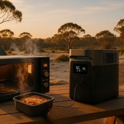 Outdoor portable power station microwave camping meal setup