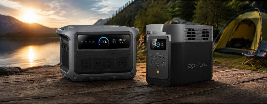 Anker Solix and EcoFlow power stations on a wooden deck by a lakeside at sunset, with a tent and camping setup in the background