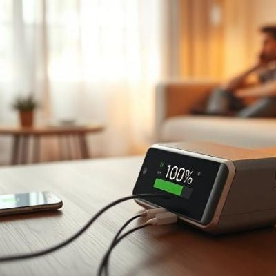Compact DC power bank charging phone and laptop indoors on table
