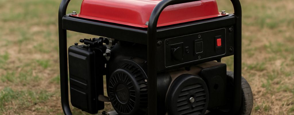 Portable generator with red fuel tank on dry grass outdoors