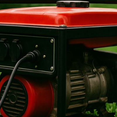Portable generator on grass with blurred greenery background, wide banner format