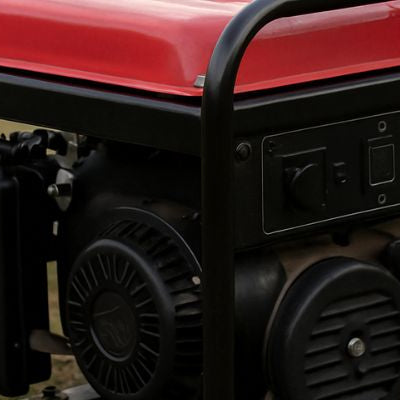 Portable generator with red fuel tank on dry grass outdoors