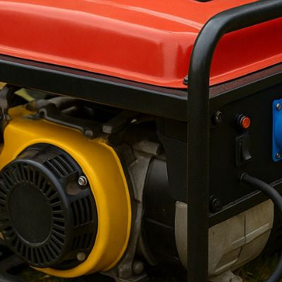 Portable petrol generator with red fuel tank and yellow engine on grass near wooden fence.