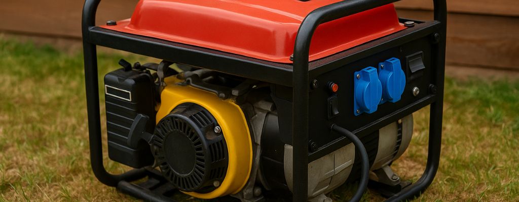 Portable petrol generator with red fuel tank and yellow engine on grass near wooden fence.