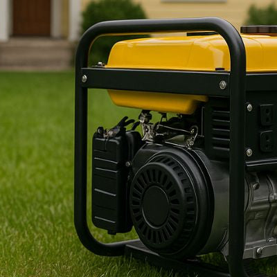 Portable yellow and black generator on green lawn with a suburban yellow house in the background.
