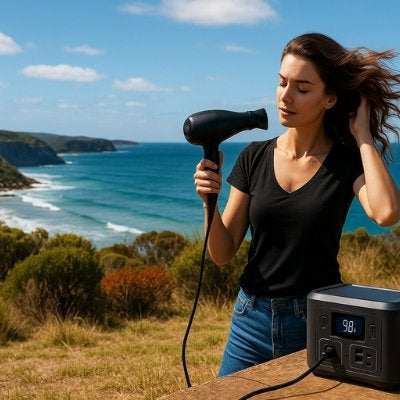 Woman using hair dryer outdoors with portable power station on Australian coastline