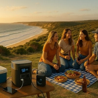 Four friends enjoy beachside picnic with power station setup