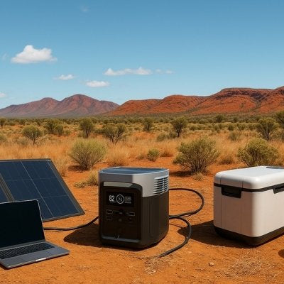 High-resolution portable power solar outback setup with laptop and fridge