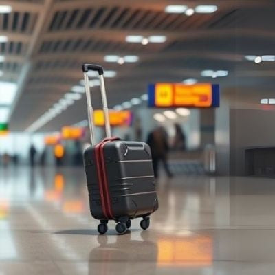 Portable power station and rolling suitcase in an airport terminal
