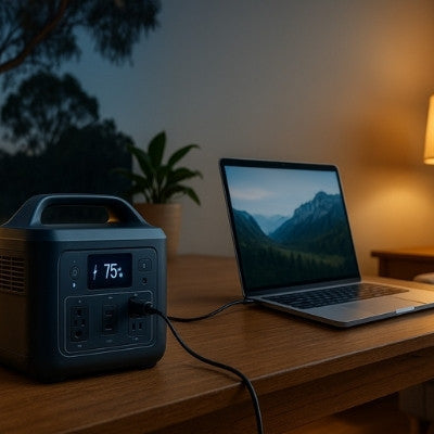 Portable power station powering campsite, laptop, and home lamp
