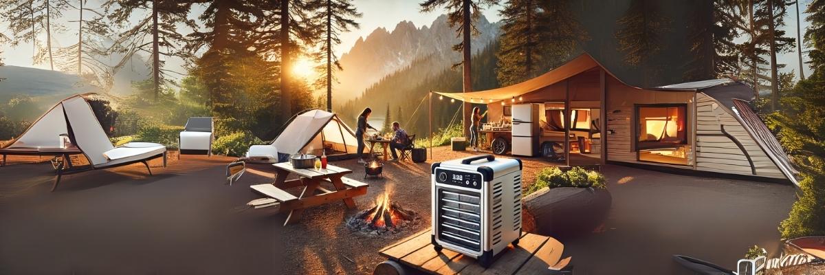 A portable power station connected to a refrigerator at a scenic campsite, surrounded by tents and a cabin, with a family enjoying the outdoors by a campfire