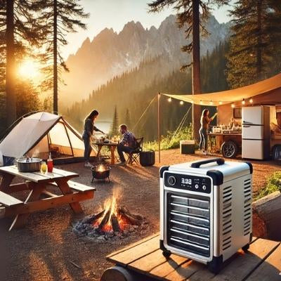 A portable power station connected to a refrigerator at a scenic campsite, surrounded by tents and a cabin, with a family enjoying the outdoors by a campfire
