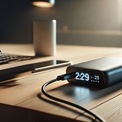 A sleek portable power station charging a laptop on a wooden desk, illuminated by soft ambient lighting, providing a reliable backup power source for work