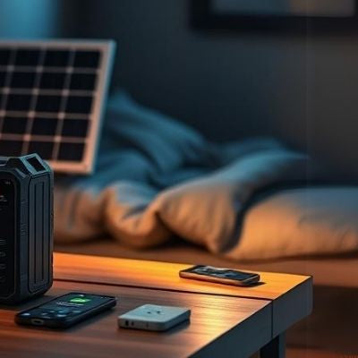 A modern portable power station charging multiple devices, including a laptop, smartphone, and lamp, in a cozy indoor setting with a solar panel in the background.