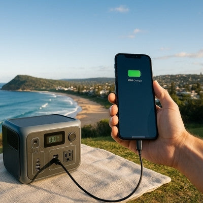 Charging phone with power station overlooking Australian coastline