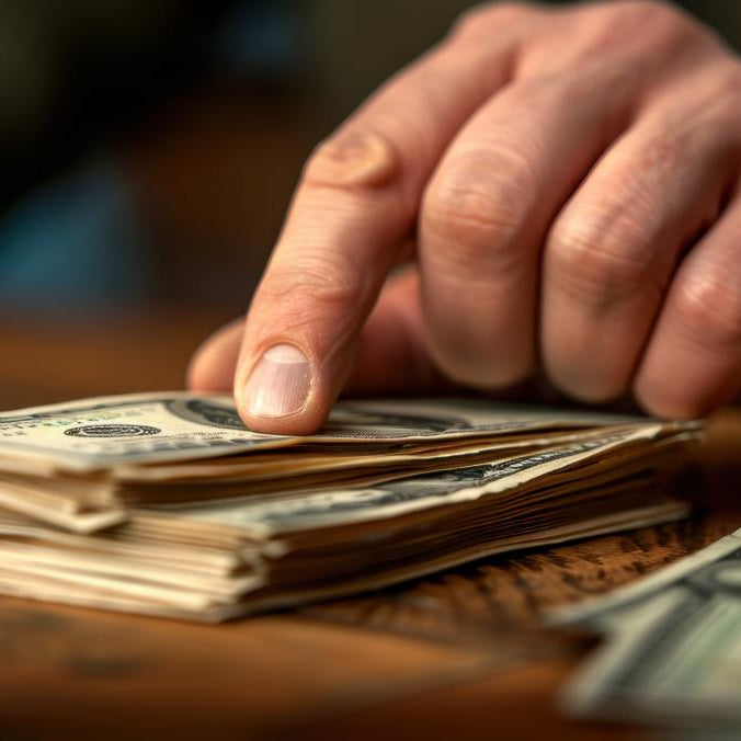 A close-up of a hand handling a stack of dollar bills, representing the high cost of portable power stations and the factors influencing their price.