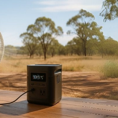 Portable power station fan cooling shaded outdoor deck in Australian summer