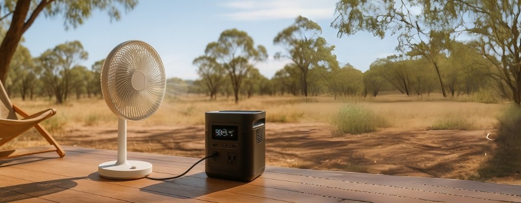 Portable power station fan cooling shaded outdoor deck in Australian summer
