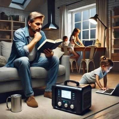 Family using a portable power station to stay powered during a blackout at home