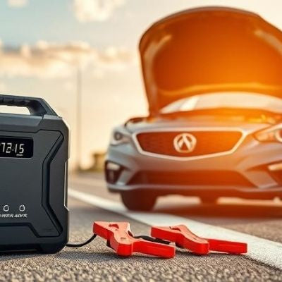 Portable power station jump-starting a car on the roadside during an emergency