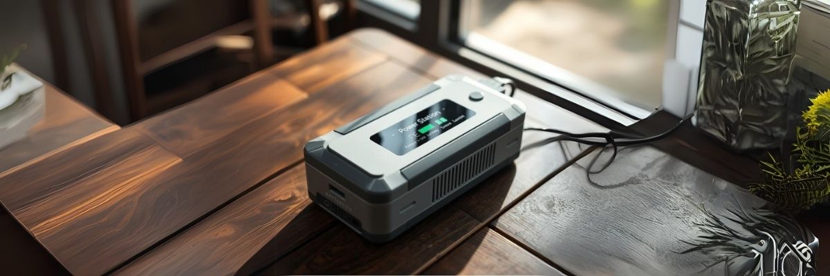 A modern portable power station placed on a wooden table near a window, displaying charging status on its digital screen. Natural light casts soft shadows, emphasizing the sleek design of the power station