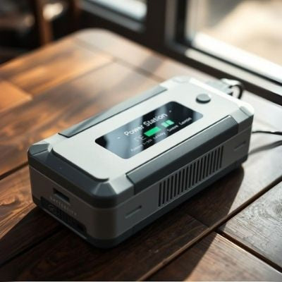 A modern portable power station placed on a wooden table near a window, displaying charging status on its digital screen. Natural light casts soft shadows, emphasizing the sleek design of the power station