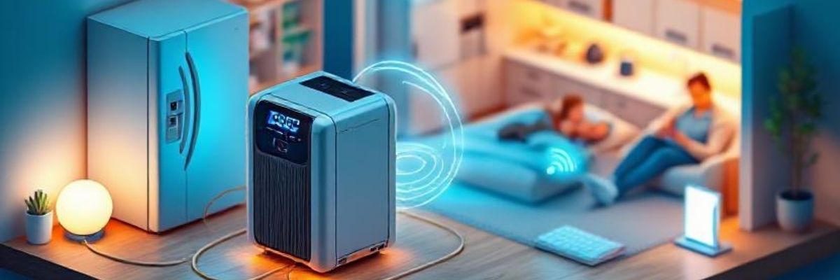 A modern portable power station supplying electricity to a refrigerator, lamp, and Wi-Fi router in a cozy home setting, ensuring uninterrupted power backup