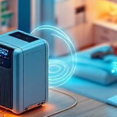 A modern portable power station supplying electricity to a refrigerator, lamp, and Wi-Fi router in a cozy home setting, ensuring uninterrupted power backup