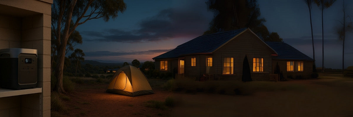 Portable power station stored safely overlooking lit tent and bushland