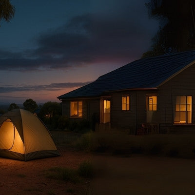 Portable power station stored safely overlooking lit tent and bushland