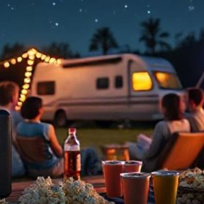 A portable power station powering an outdoor movie night with a group of people watching a large projector screen under the stars, surrounded by RVs, fairy lights, and a campfire