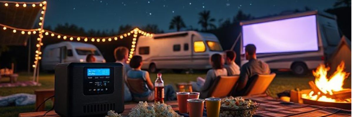 A portable power station powering an outdoor movie night with a group of people watching a large projector screen under the stars, surrounded by RVs, fairy lights, and a campfire