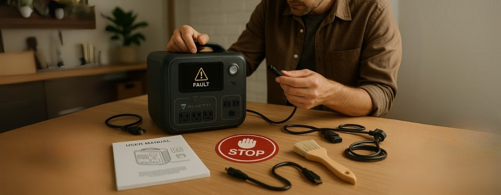 Troubleshooting portable power station with tools and safety sign