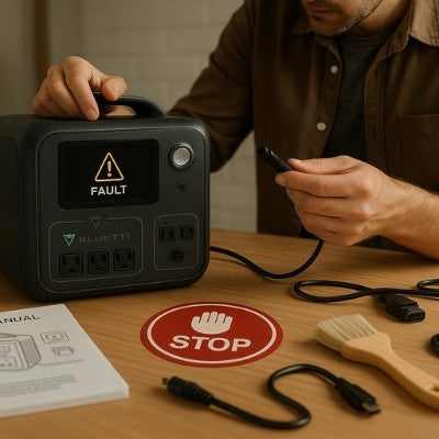 Troubleshooting portable power station with tools and safety sign