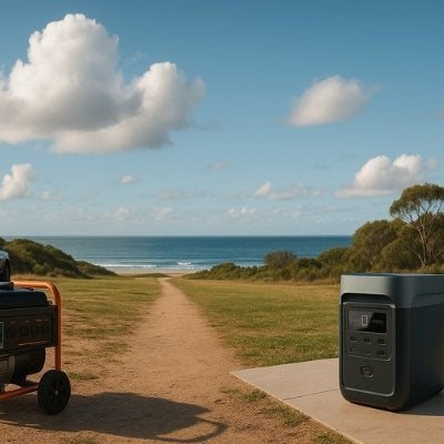 Portable power station vs fuel generator in Australian landscape with ocean view