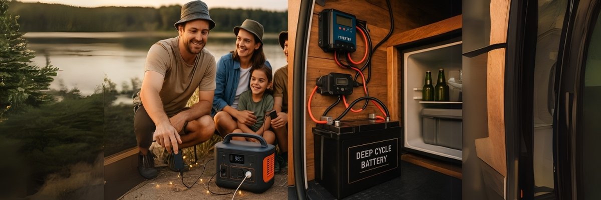 Split image showing a family using a portable power station at a campsite on the left, and a custom deep cycle battery setup inside a van on the right
