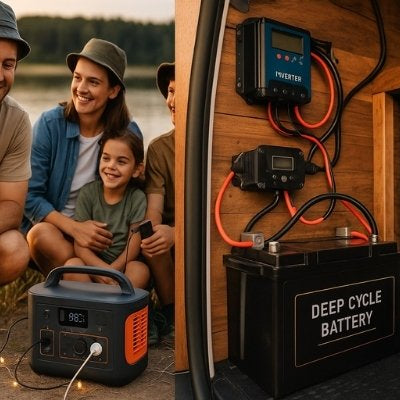 Split image showing a family using a portable power station at a campsite on the left, and a custom deep cycle battery setup inside a van on the right