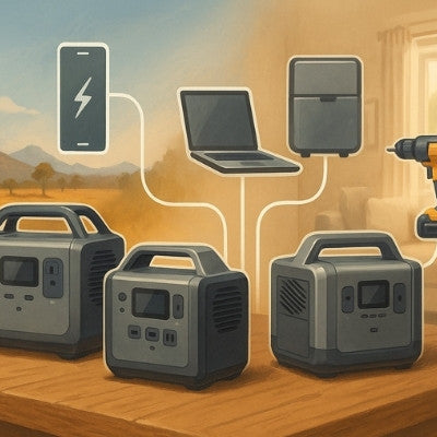 Three portable power stations charging various home and outdoor devices