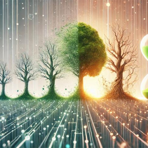 A conceptual illustration representing the lifespan of a portable power station, using visual metaphors like trees aging from young to old and hourglasses emptying, symbolizing battery depletion and wear over time.