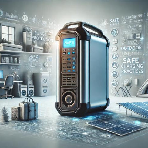 A conceptual illustration showcasing the safety features of a portable power station, including surge protection, cooling vents, and proper usage in home, camping, and emergency scenarios.