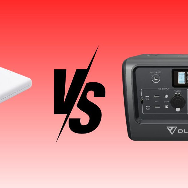 Power bank versus portable power station on red background