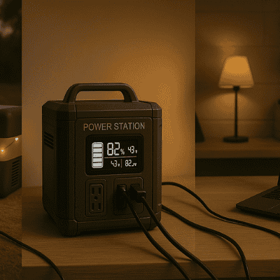 Power station powering lamp, phone, and fan during blackout