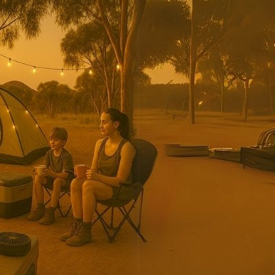 Man using laptop at campsite powered by portable station
