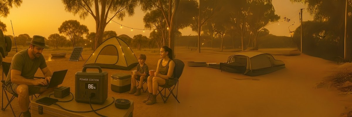 Man using laptop at campsite powered by portable station