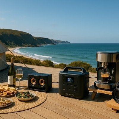 Portable power station supporting luxury glamping in Australian landscape