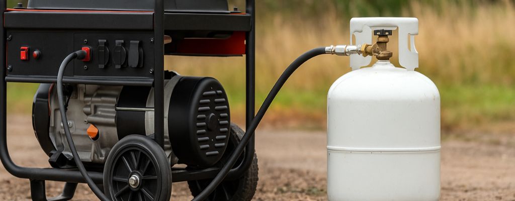Portable propane generator connected to a propane cylinder outdoors on a wide background scene.