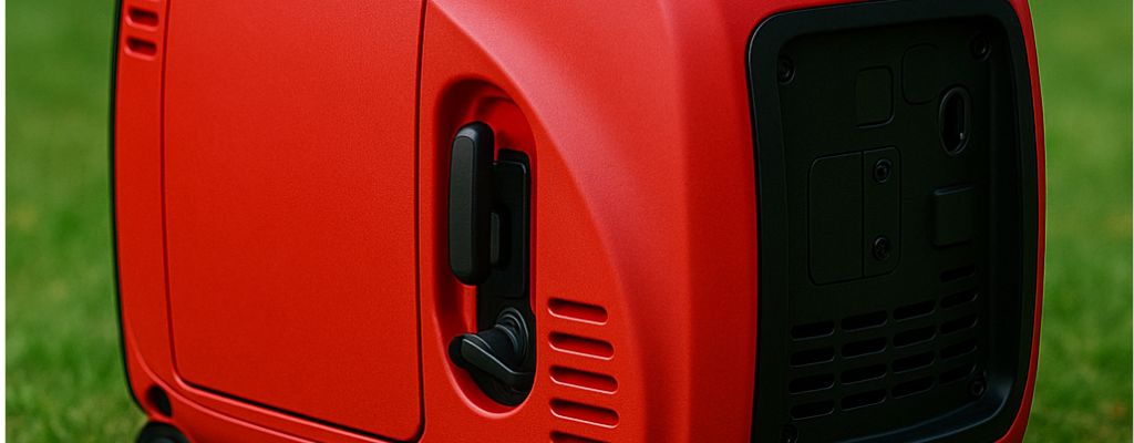 Red portable inverter generator placed on green grass in a peaceful outdoor setting.