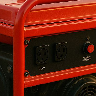 red portable generator on dry ground at sunset with grassy background