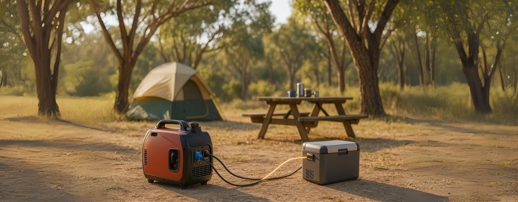 Portable generator powering camping fridge safely away from tent and picnic table at Australian campsite