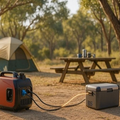 Portable generator powering camping fridge safely away from tent and picnic table at Australian campsite